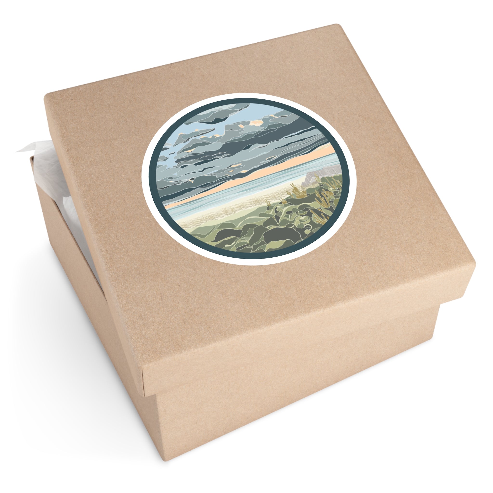 Coastal Dunes Round Sticker — Serene Beach Sunset Laptop Decal