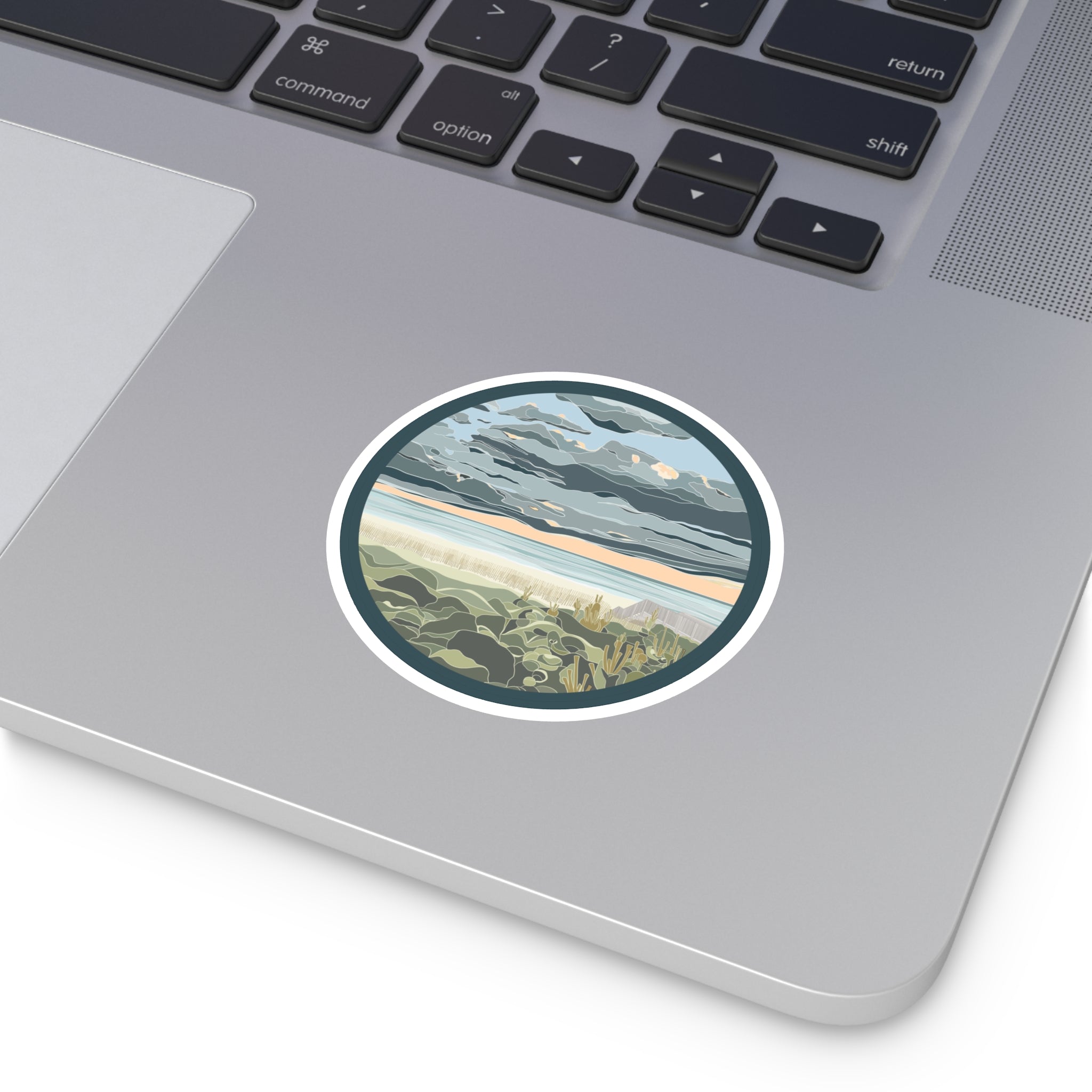 Coastal Dunes Round Sticker — Serene Beach Sunset Laptop Decal