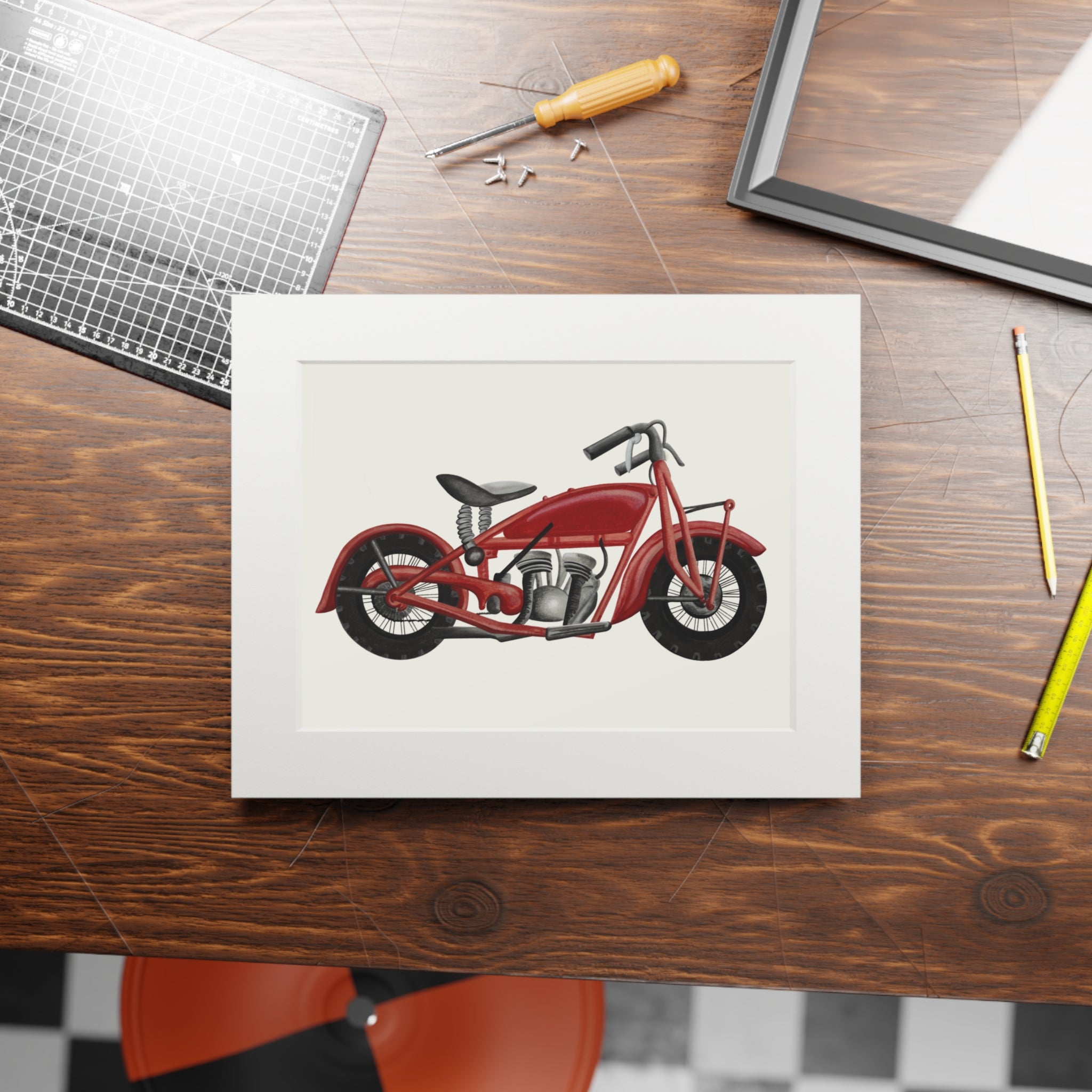 Hand Illustrated Watercolor Vintage Red Motorcycle Art Print