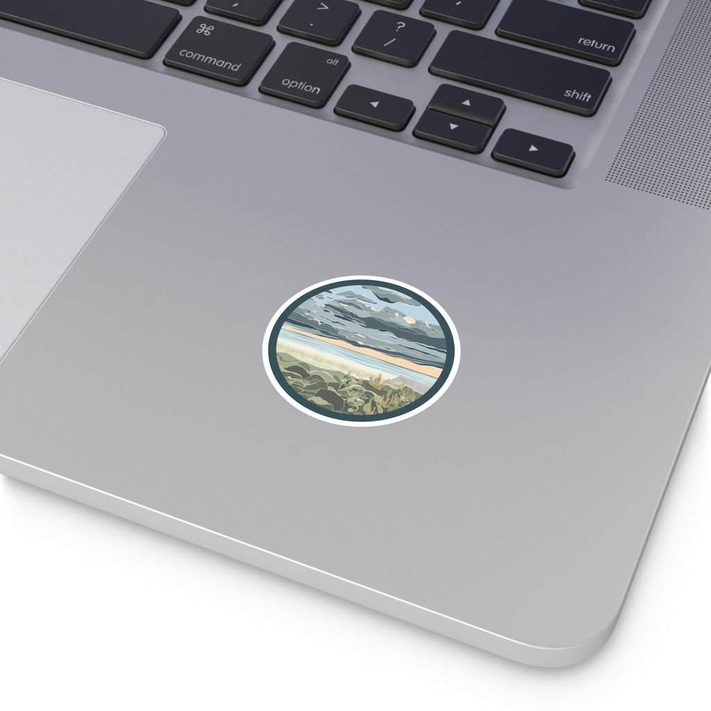 Coastal Dunes Round Sticker — Serene Beach Sunset Laptop Decal
