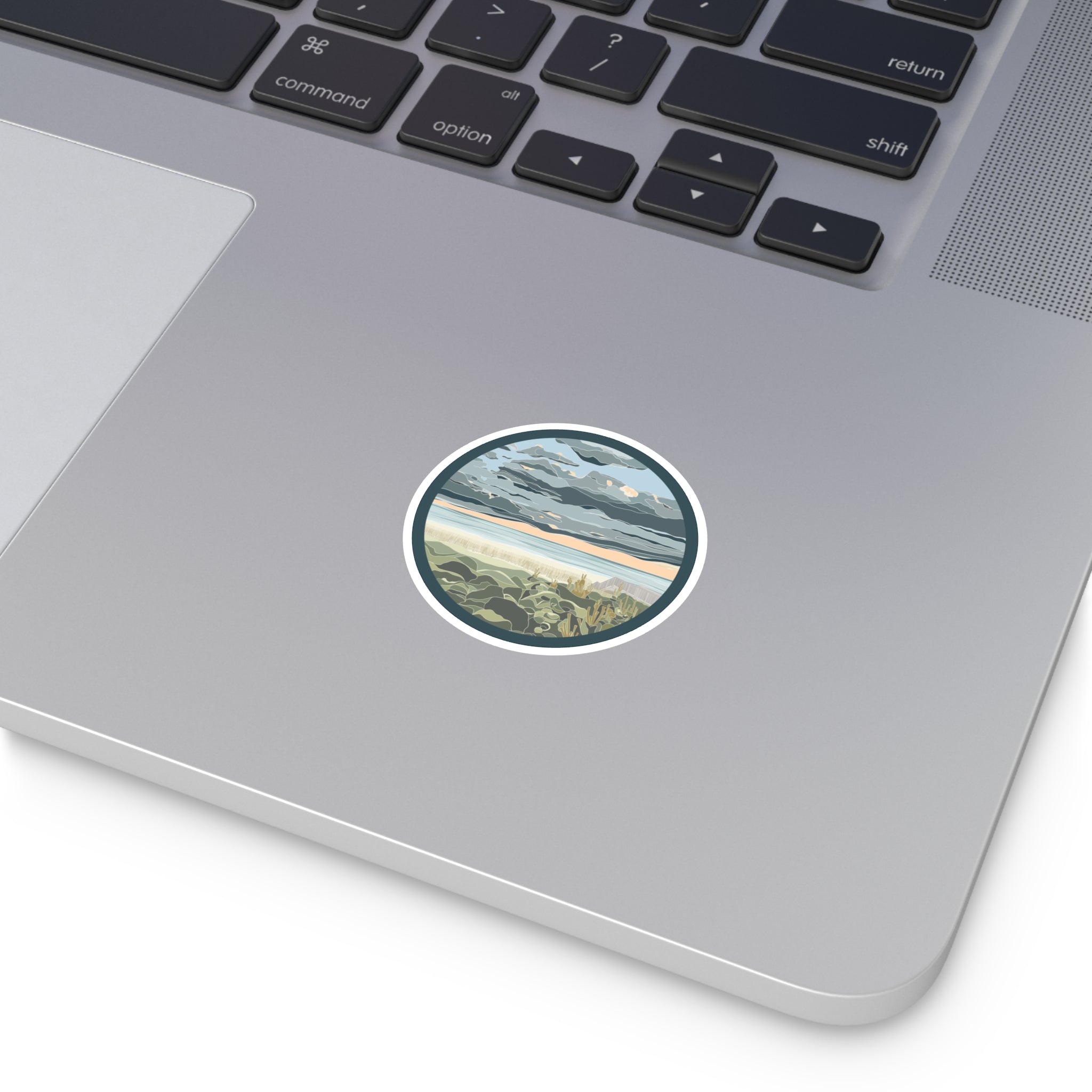 Coastal Dunes Round Sticker — Serene Beach Sunset Laptop Decal
