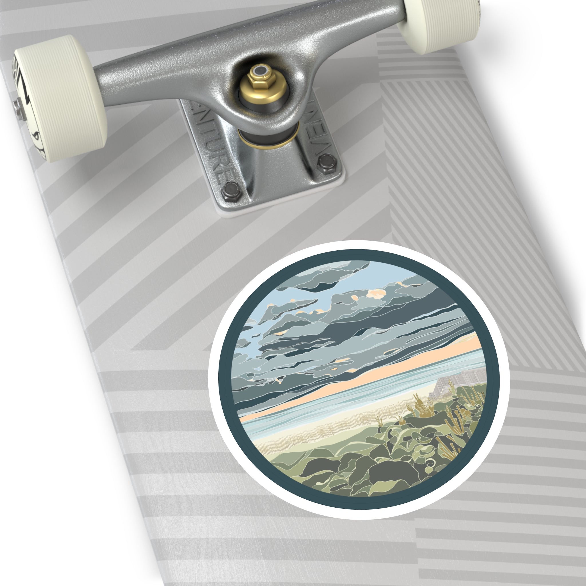 Coastal Dunes Round Sticker — Serene Beach Sunset Laptop Decal