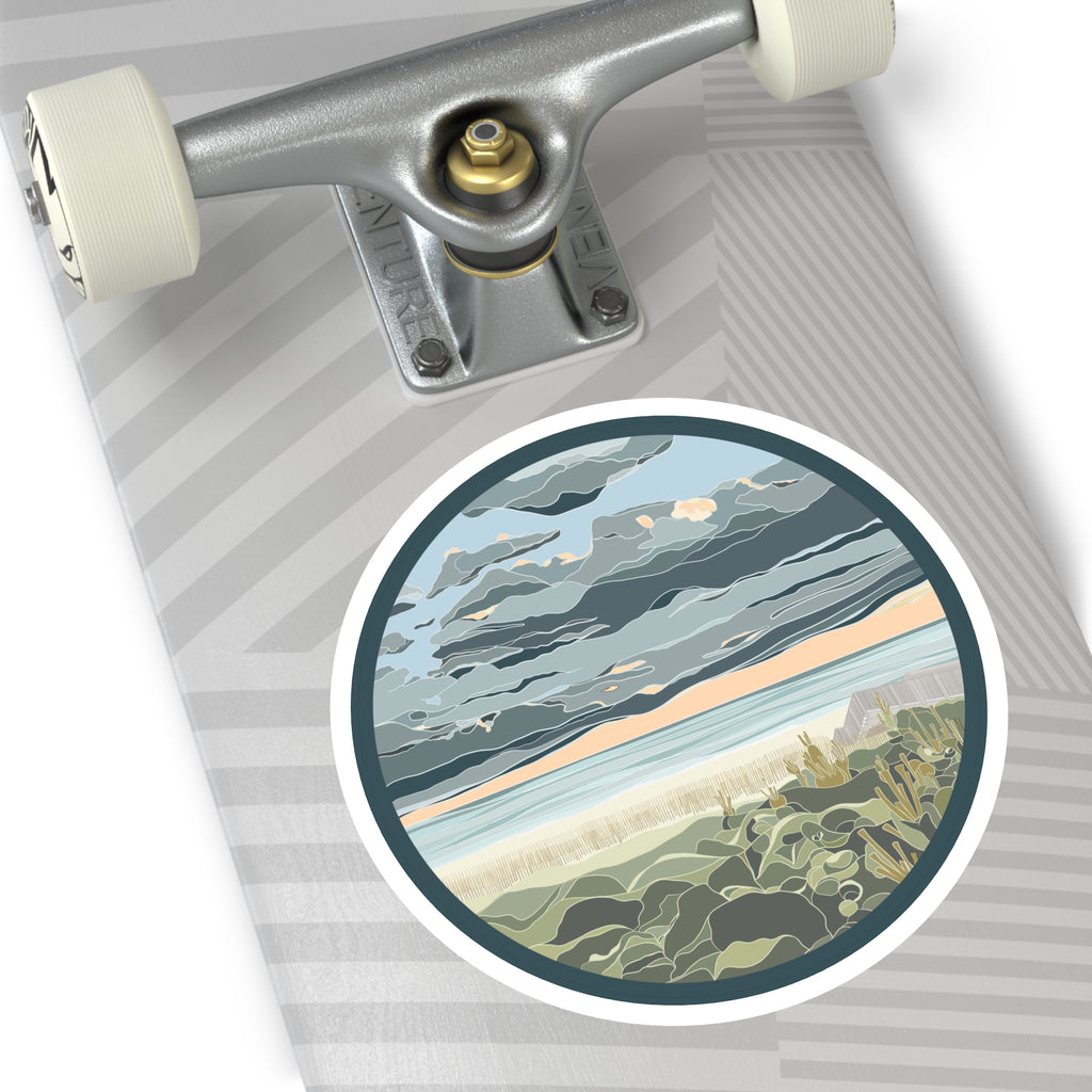 Coastal Dunes Round Sticker — Serene Beach Sunset Laptop Decal
