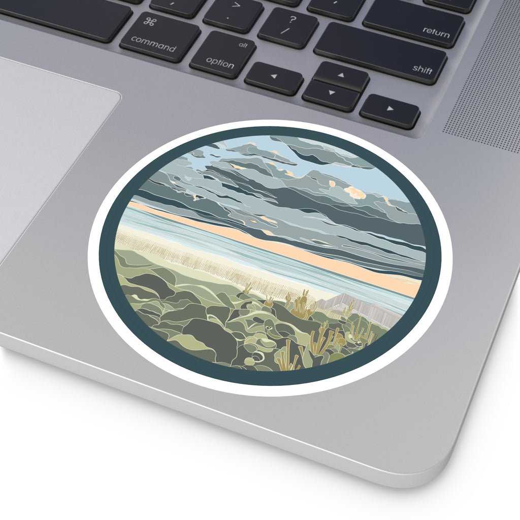 Coastal Dunes Round Sticker — Serene Beach Sunset Laptop Decal