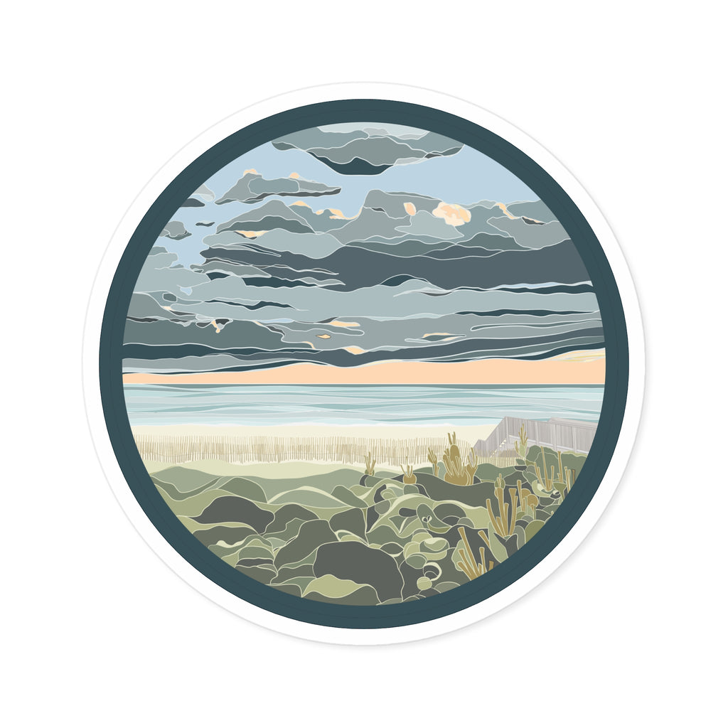 Coastal Dunes Round Sticker — Serene Beach Sunset Laptop Decal