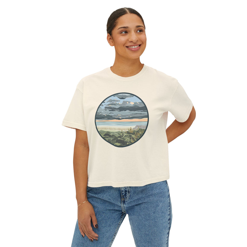 Women's Boxy Tee — Coastal Sunset Circle Graphic Tee