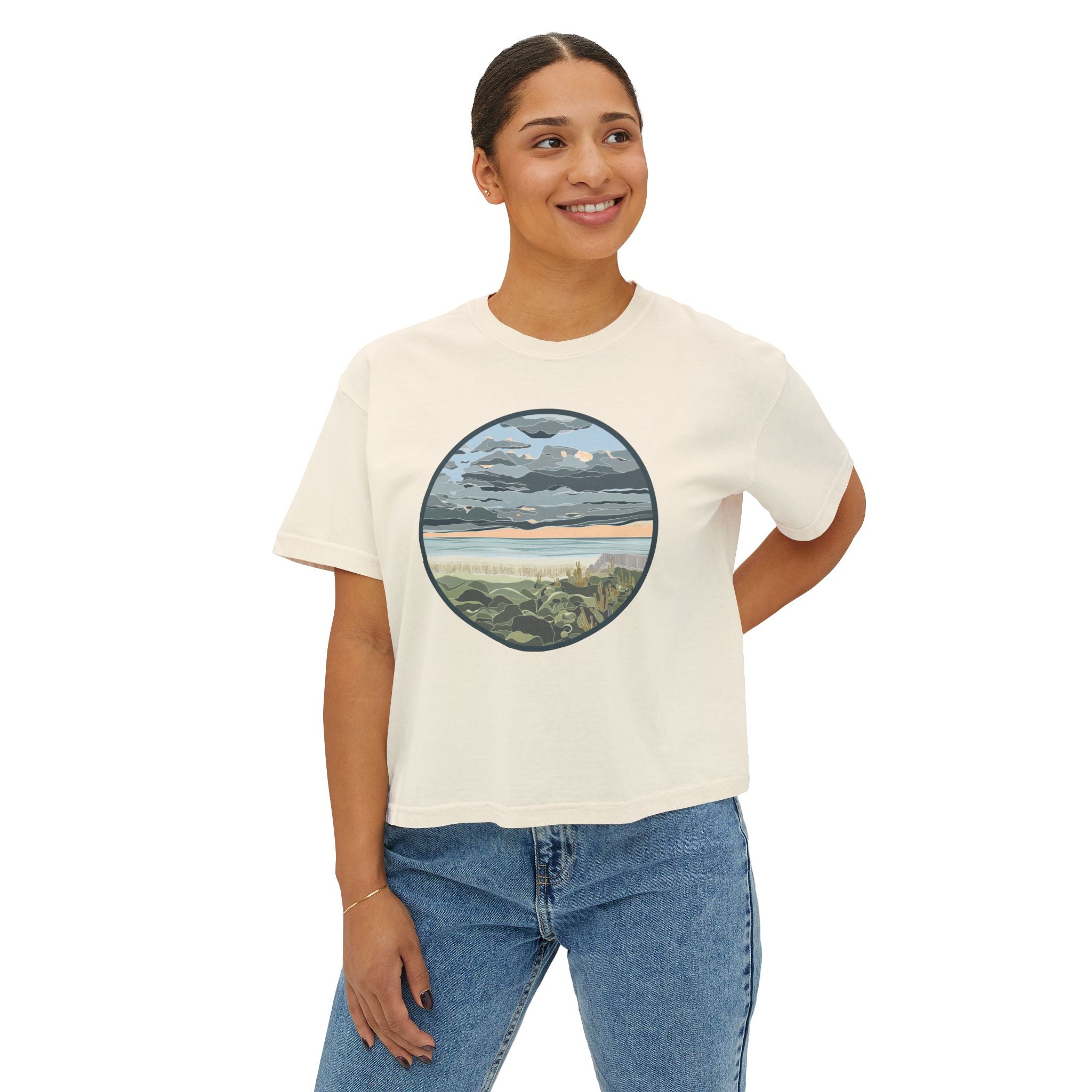Women's Boxy Tee — Coastal Sunset Circle Graphic Tee