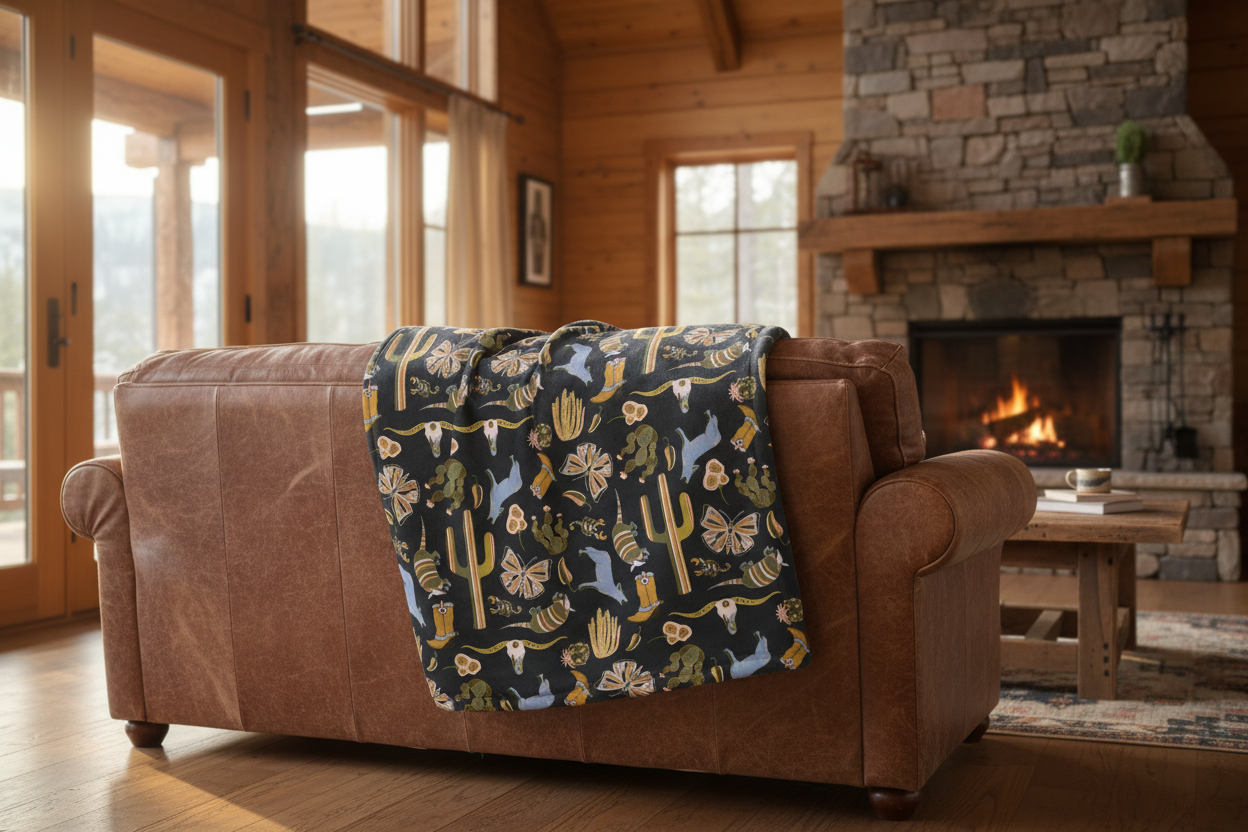 Tumbleweed Texas Velveteen Blanket styled on a chic mountain cabin couch